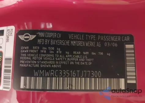 2006 Mini Cooper z USA, uszkodzony, nr VIN WMWRC33516TJ77300